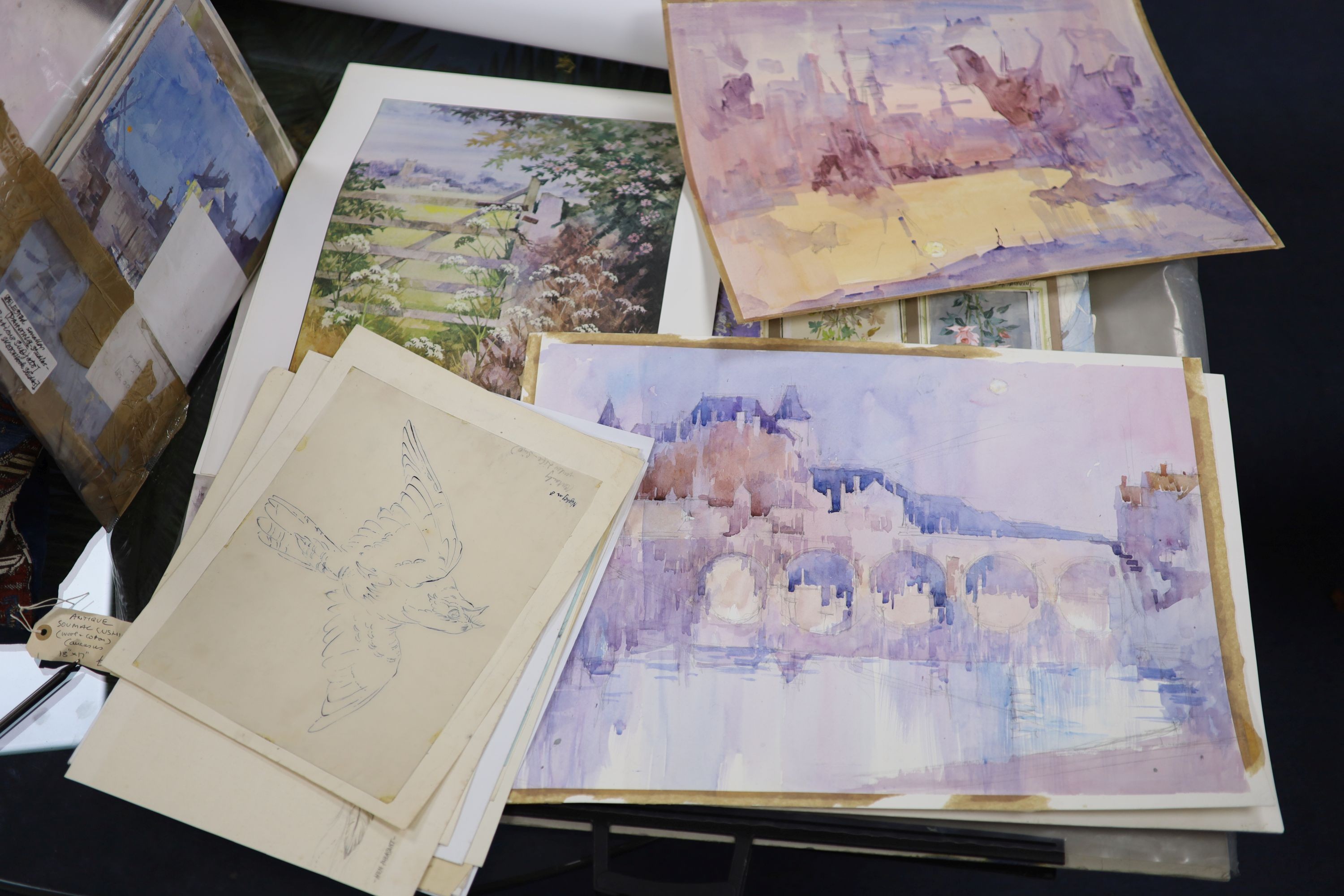 Michael Cadman (1920-2010), a folio of assorted watercolours and prints, Topographical scenes, largest 40 x 56cm, unframed